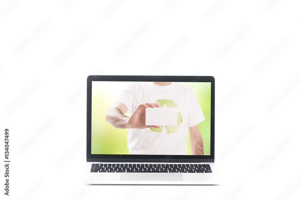 Fototapeta premium Laptop with Business card in the hand.