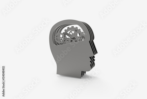 3D rendering illustration of gear in head, thinking process icon.