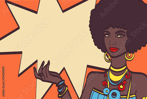 THIS, pop art face. Wonderful sexy african woman with speech bubble. Vector colorful background in retro comic style.