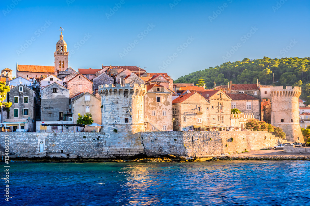 Korcula town. / Seafront view at old Korcula town, croatian travel places.