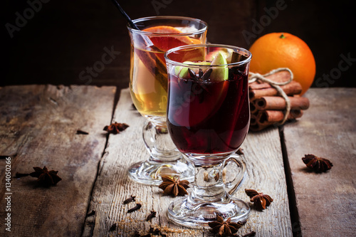 Hot mulled wine from red and dry white wine with fruit and spice