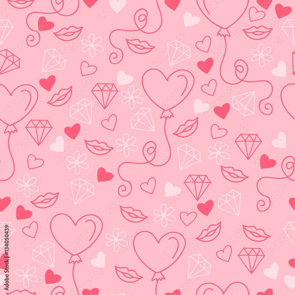 Happy St. Valentine's Day. Holiday seamless pattern with balloon, hearts, diamond and lips on a pink background.