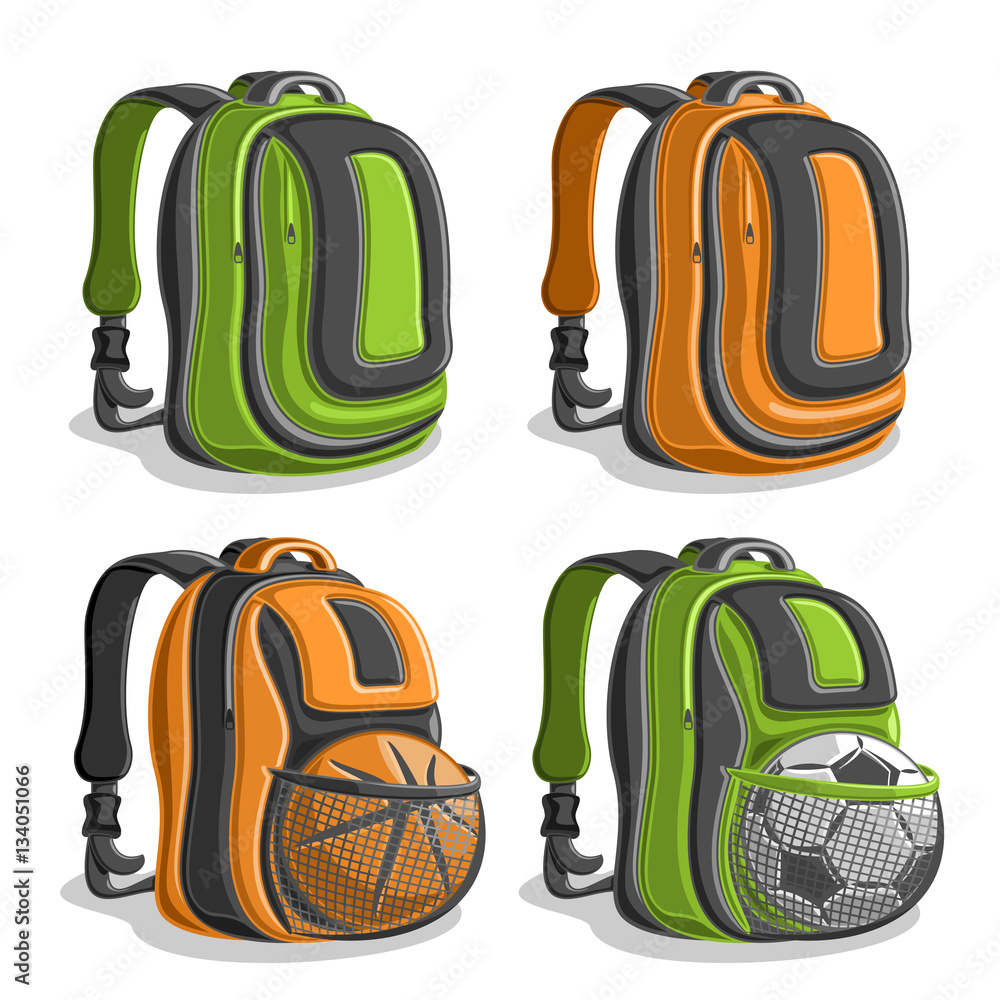 Vector set icons sports Backpacks, green boys college back bag with handle,  orange mens rucksack with mesh pocket for basketball, football ball, youth  sport backpack for school, classic kids knapsack. Stock Vector