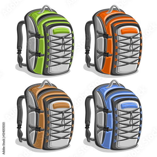 Vector set colorful touristic Backpacks, green simple travel back bag with handle, orange hiking big rucksack with laces, brown large sports backpack for tourism, blue school bag with straps for trip.