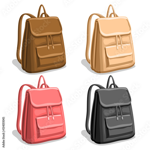 Vector set colorful woman Backpacks, brown girl laptop back bag with handle, beige fashion small rucksack with pocket, pink youth leather backpack for town, black trendy backbag with straps for female
