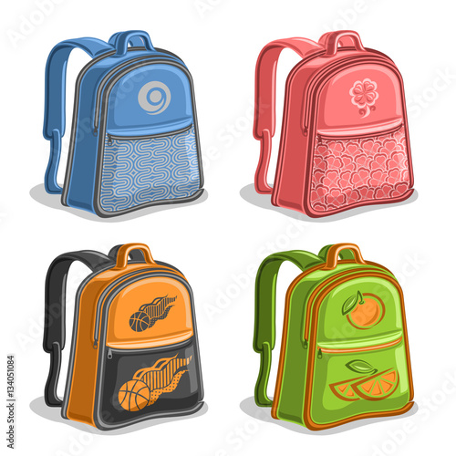 Vector set colorful kids Backpacks, blue boys college back bag with handle, pink girl fashion rucksack with pocket, orange youth sports backpack for school, green trendy knapsack with straps for kid.
