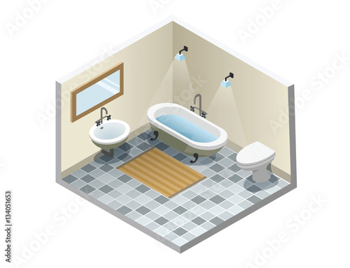 Vector isometric bathroom, set of retro vintage bath furniture icons