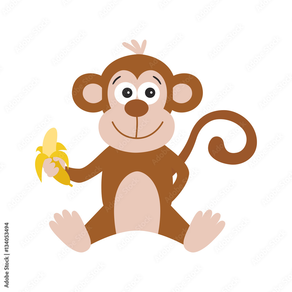 Obraz premium Cute cartoon monkey with banana on white background.
