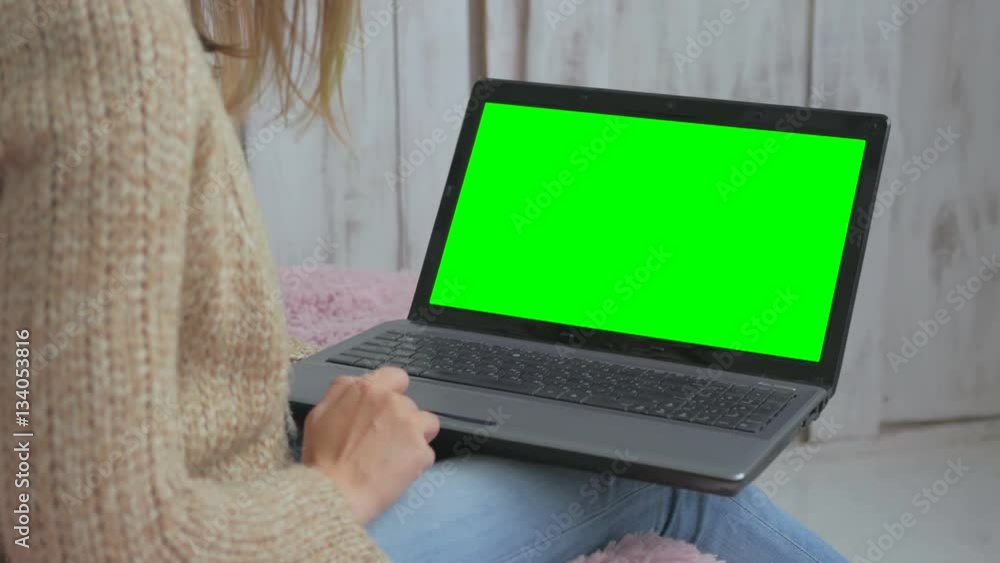 Woman using laptop with green screen. Business, communication, freelance and internet concept Woman using laptop with green screen. Business, communication, freelance and internet concept