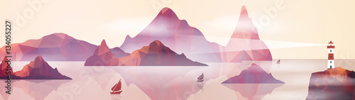 Lighthouse on Island with Navigation Light Panorama - Vector Ill