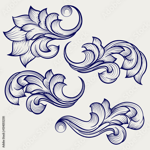 Hand drawn floral baroque engraving elements on grey backdrop. ector illustration