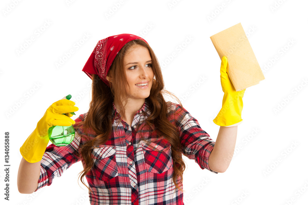 Happy young woman cleaning windows isolated over white vackgroun Happy young woman cleaning windows isolated over white vackgroun