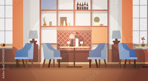 Modern Cafe Interior Empty No People Restaurant Flat Vector Illustration