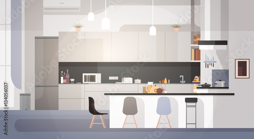 Modern Kitchen Interior Empty No People House Room Flat Vector Illustration