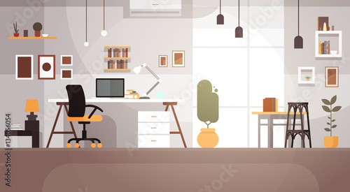 Modern Workplace Cabinet Room Interior Empty No People House Flat Vector Illustration