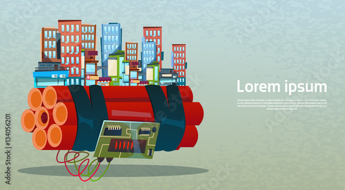 Terrorism Attack City Bombing Criminal Terrorist Danger Flat Vector Illustration