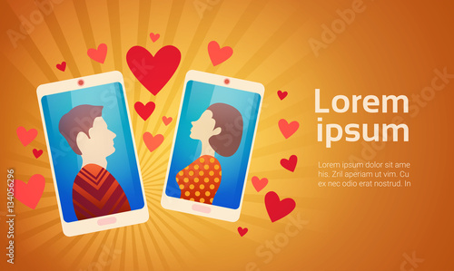 Valentine Day Gift Card Holiday Couple Love Cell Smart Phone Social Network Communication Flat Vector Illustration