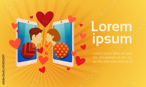 Valentine Day Gift Card Holiday Couple Love Cell Smart Phone Social Network Communication Flat Vector Illustration
