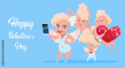 Valentine Day Gift Card Holiday Love Cupid Group With Cell Smart Phone Flat Vector Illustration