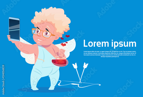 Valentine Day Gift Card Holiday Love Cupid With Cell Smart Phone Flat Vector Illustration