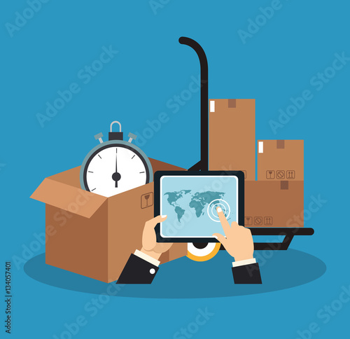 handcart with carton boxes, hand with tablet over blue background. delivery logistics concept. colorful design. vector illustration
