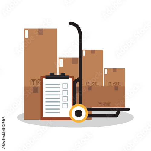 checklist, handcart with carton boxes over white background. delivery logistics concept. colorful design. vector illustration