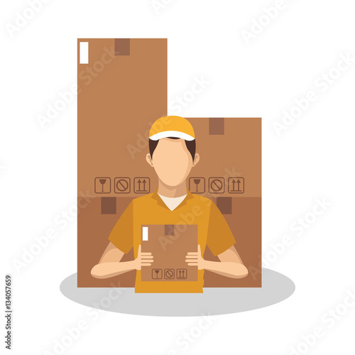 delivery boy holding a carton box over white background. delivery logistics concept. colorful design. vector illustration