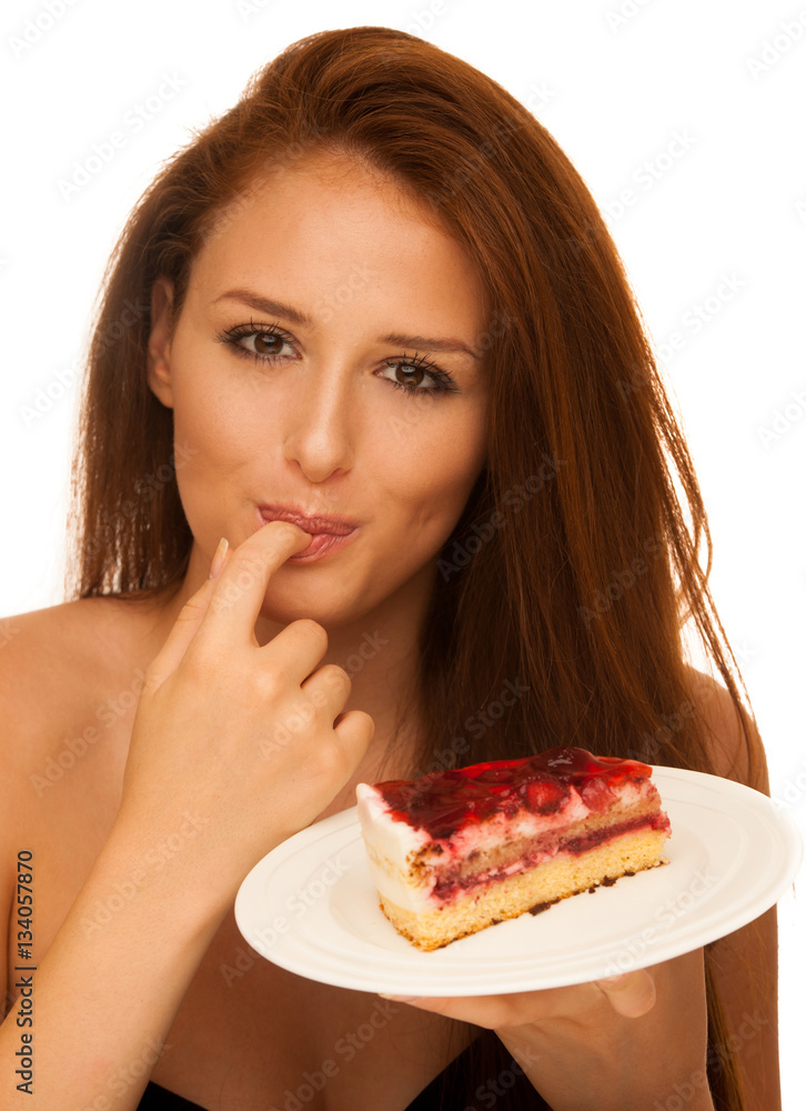 strawberry cake - wman eats sweet dessert isolated strawberry cake - wman eats sweet dessert isolated