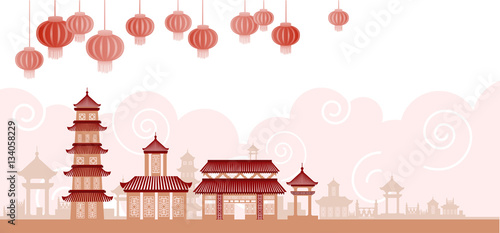 Chinese Traditional Abstract Buildings Colorful Ornament Banner Flat Vector Illustration