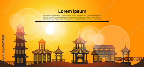 Chinese Traditional Abstract Buildings Asian Landscape Banner Flat Vector Illustration