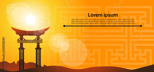 Chinese Traditional Abstract Buildings Asian Landscape Banner Flat Vector Illustration