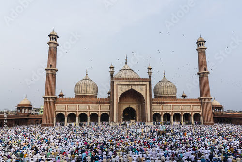 People praying inside Jama Masjid in Chandni Chowk, Old Delhi, India, Asia. photo