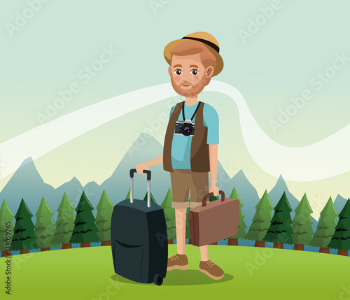 man bearded with camera suitcase baggage hat landscape background vector illustration eps 10