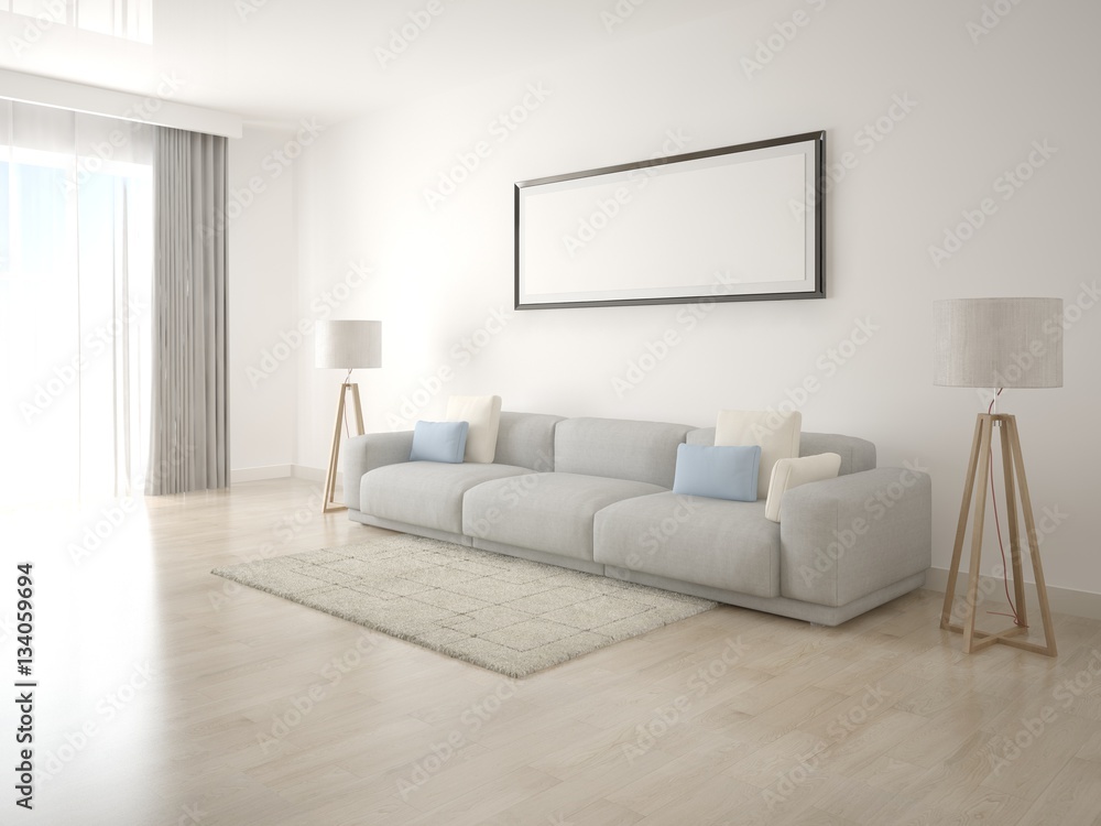 Fototapeta premium Mock up poster living room with empty frame on a white background.
