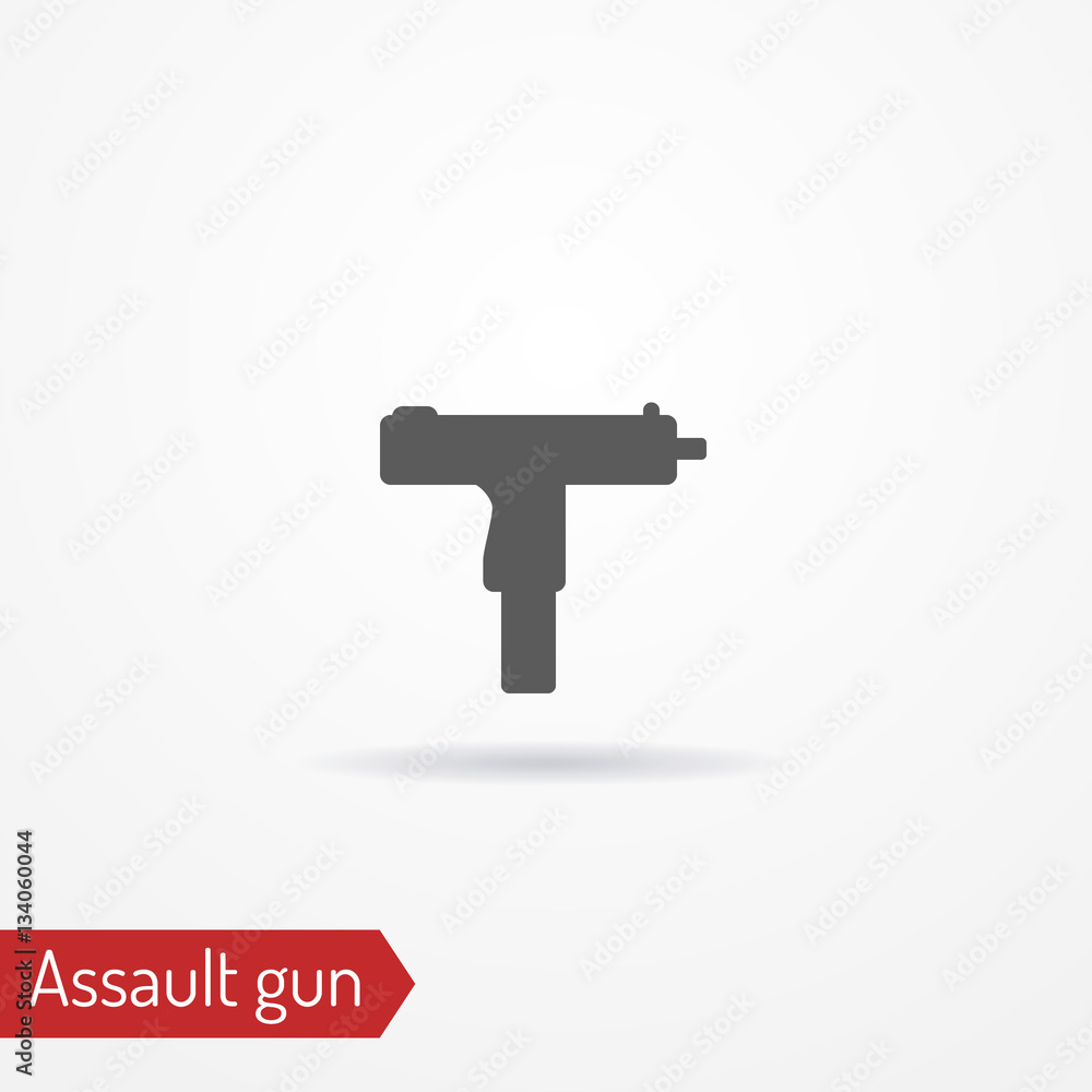 Abstract compact assault firearm. Isolated icon in silhouette style with shadow. Typical gangster or criminal weapon. Military vector stock image.