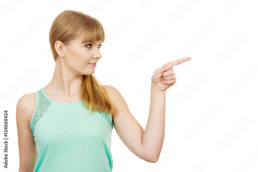 Woman pointing or touching with index finger Woman pointing or touching with index finger