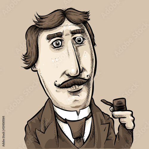 A cartoon of a picture of a 19h Century man looking dignified with a mustache and pipe.