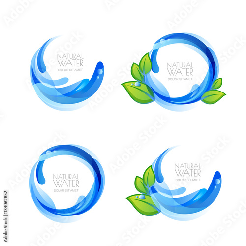 Set of vector logo, icon design elements with natural clean water drops and green leaves. Abstract blue water splash frame. Mineral aqua label. Waterdrops and liquid background.