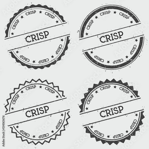 Crisp insignia stamp isolated on white background. Grunge round hipster seal with text, ink texture and splatter and blots, vector illustration.