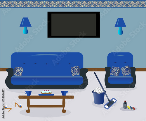 Cleaning in the living room. A coffee table.Lamps on the wall. A sofa and an armchair witn colored decorative pillows. Сarpet. Sexy cute slippers with high heels. Flat screen TV.Vector illustration. 