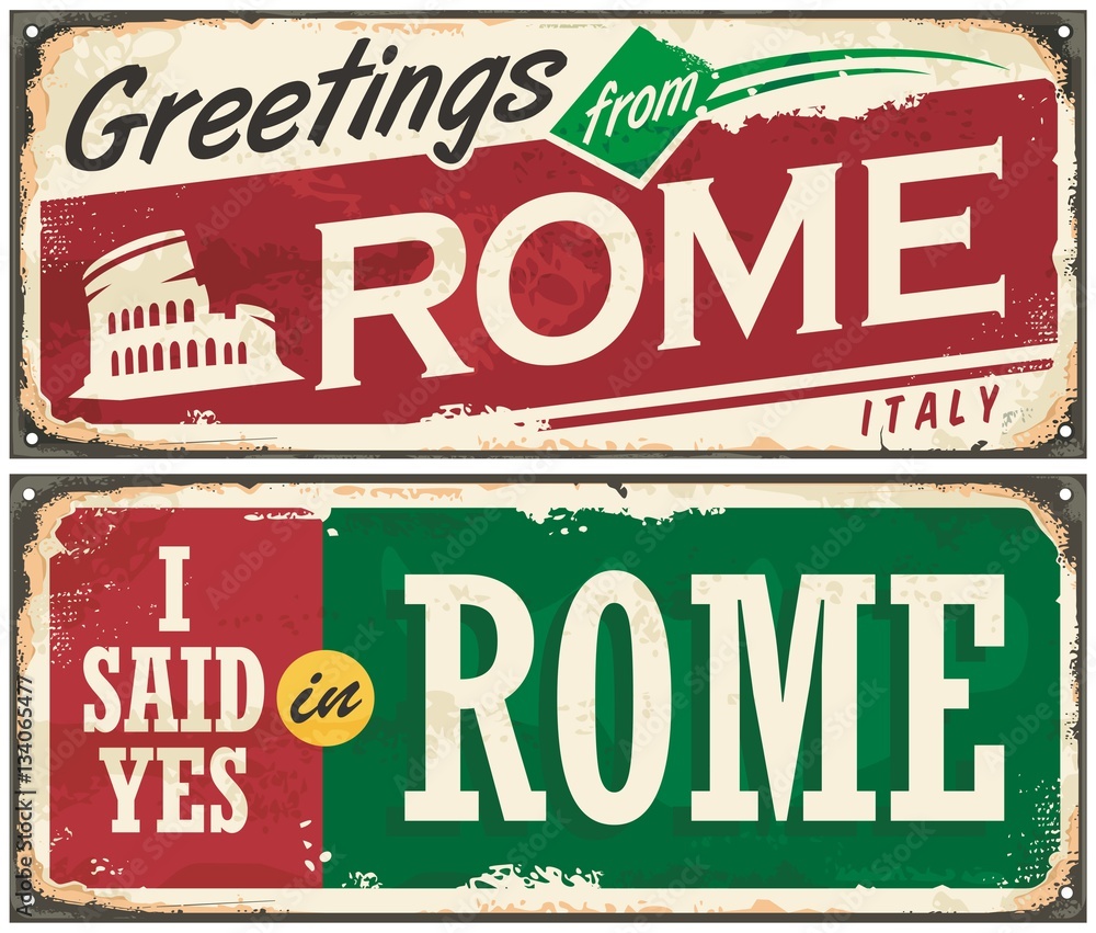 Fototapeta premium Rome Italy retro post card idea with on old metal background