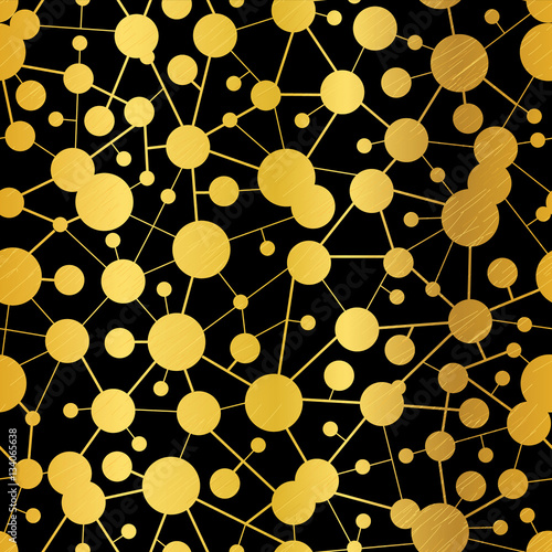 Vector Golden Black Abstract Molecules Network Seamless Pattern Background. G...