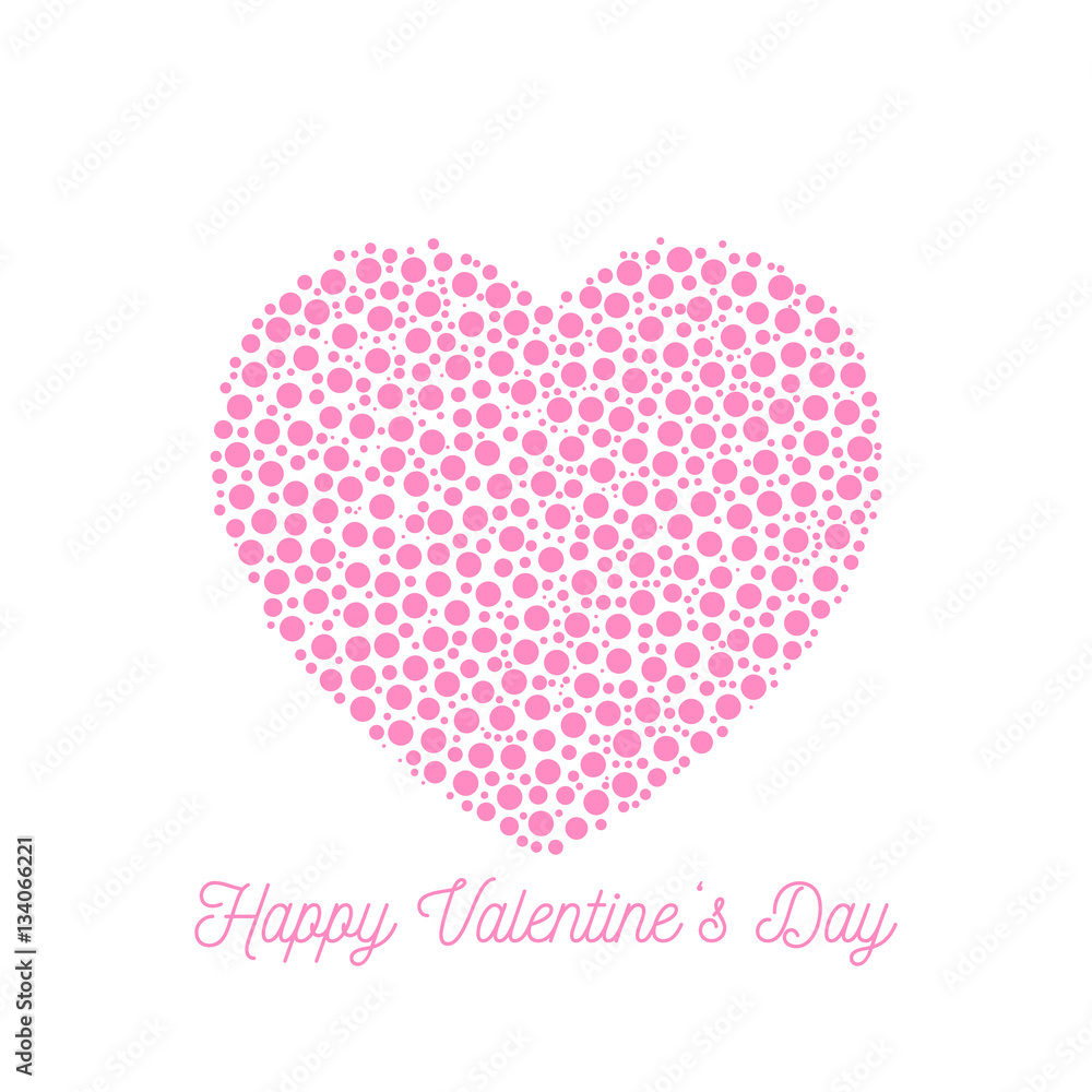 Happy Valentines Day - elegant graphic design card with pink dotted heart and calligraphic script label on white background.