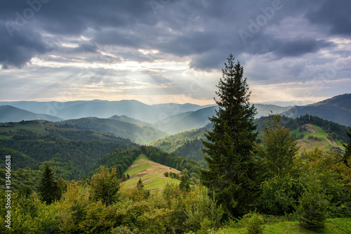 Mountain landscape at sunset. Carpathian Mountains  Mizhhiria  Ukraine.