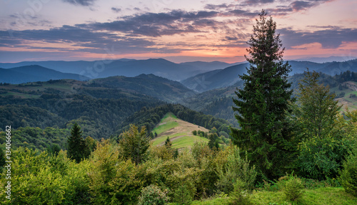 Mountain landscape at sunset. Carpathian Mountains, Mizhhiria, Ukraine.