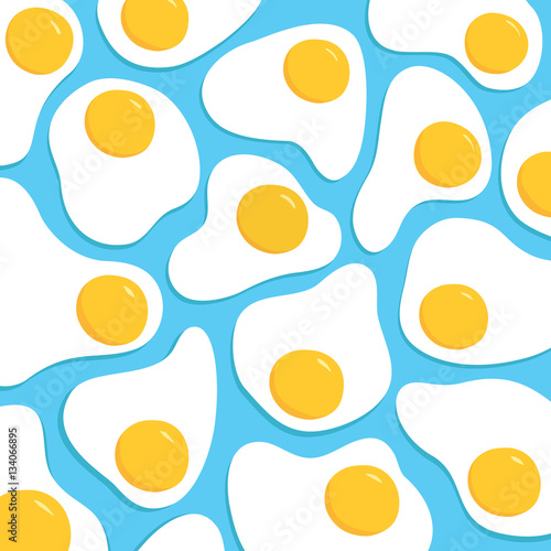 Many fried eggs on a blue background, the food in the flat style, abstract vector design pattern