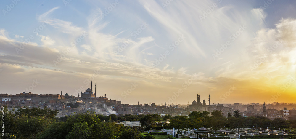 Panorama View for Cairo and Citadel from AlAzhar park at sunset