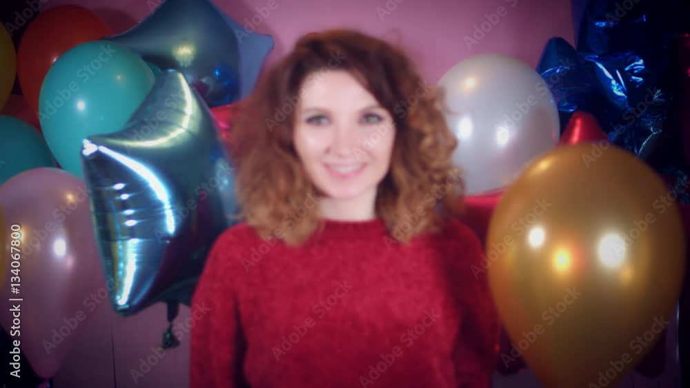 4k Party Birthday Woman Appearing Between Balloons 4k Party Birthday Woman Appearing Between Balloons