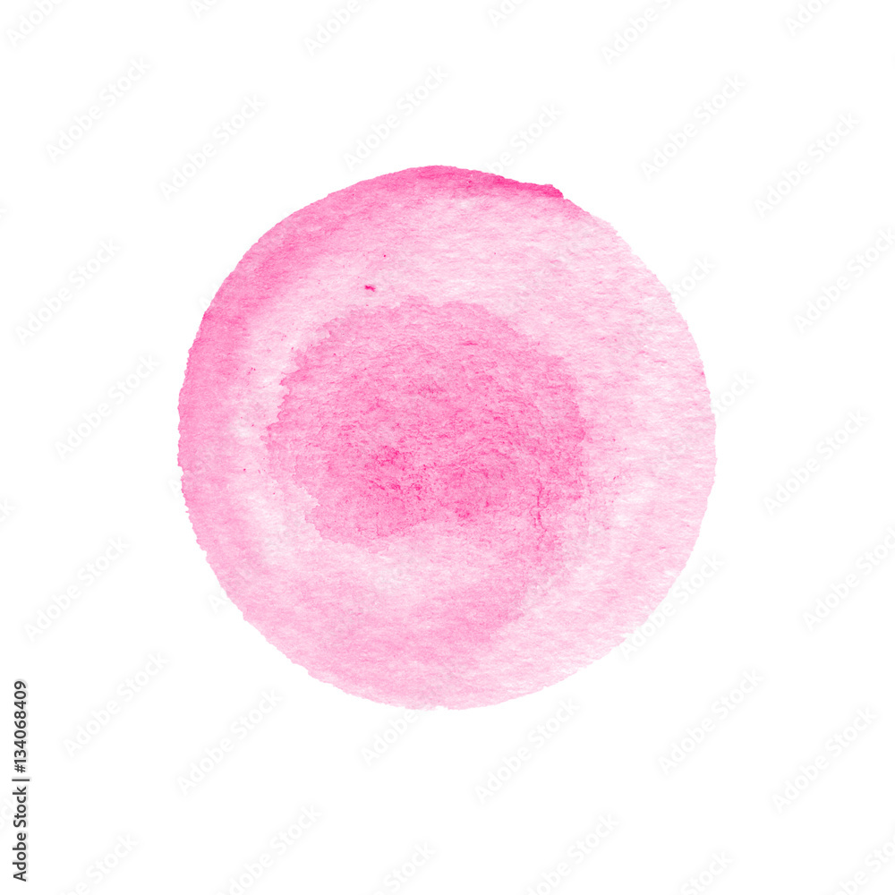 Pink watercolor circle isolated on white. Abstract round background. Red watercolour stains texture. Hand drawn purple spot.