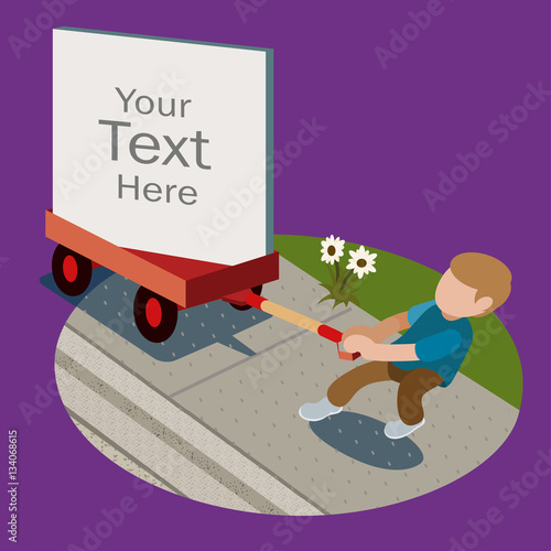 Little boy pulling a red wagon with a sign in it with lettering.